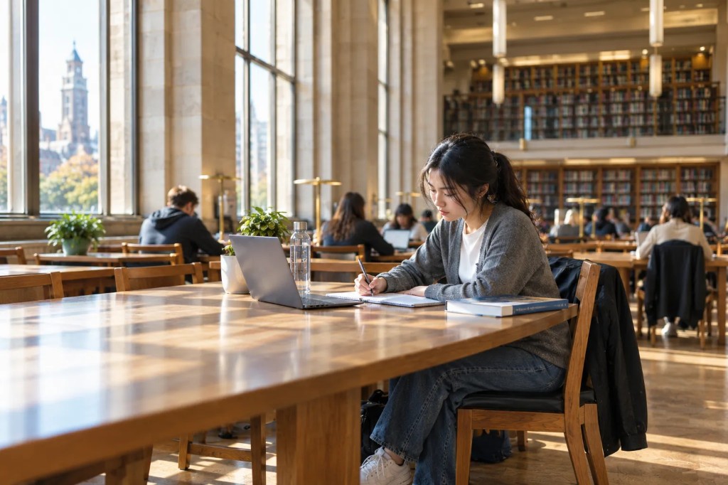 Student studying business modules in a UK university library during the foundation year.