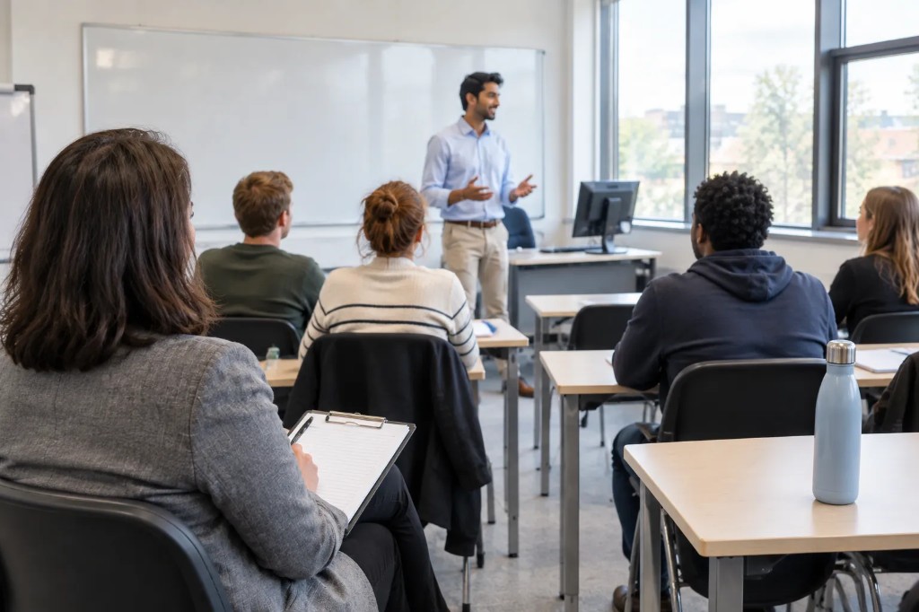 Observer watching a trainee teacher deliver a lesson, part of a DET course observation in a UK college.