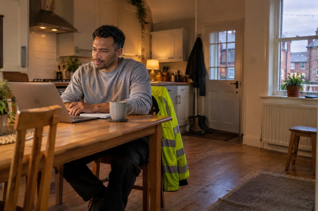 Tradesperson researching a level 5 DET at a kitchen table in the evening to start teaching in further education.