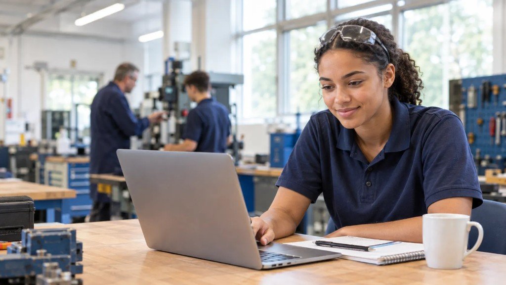 Young apprentice in an engineering workshop looking at a university course page on her laptop.